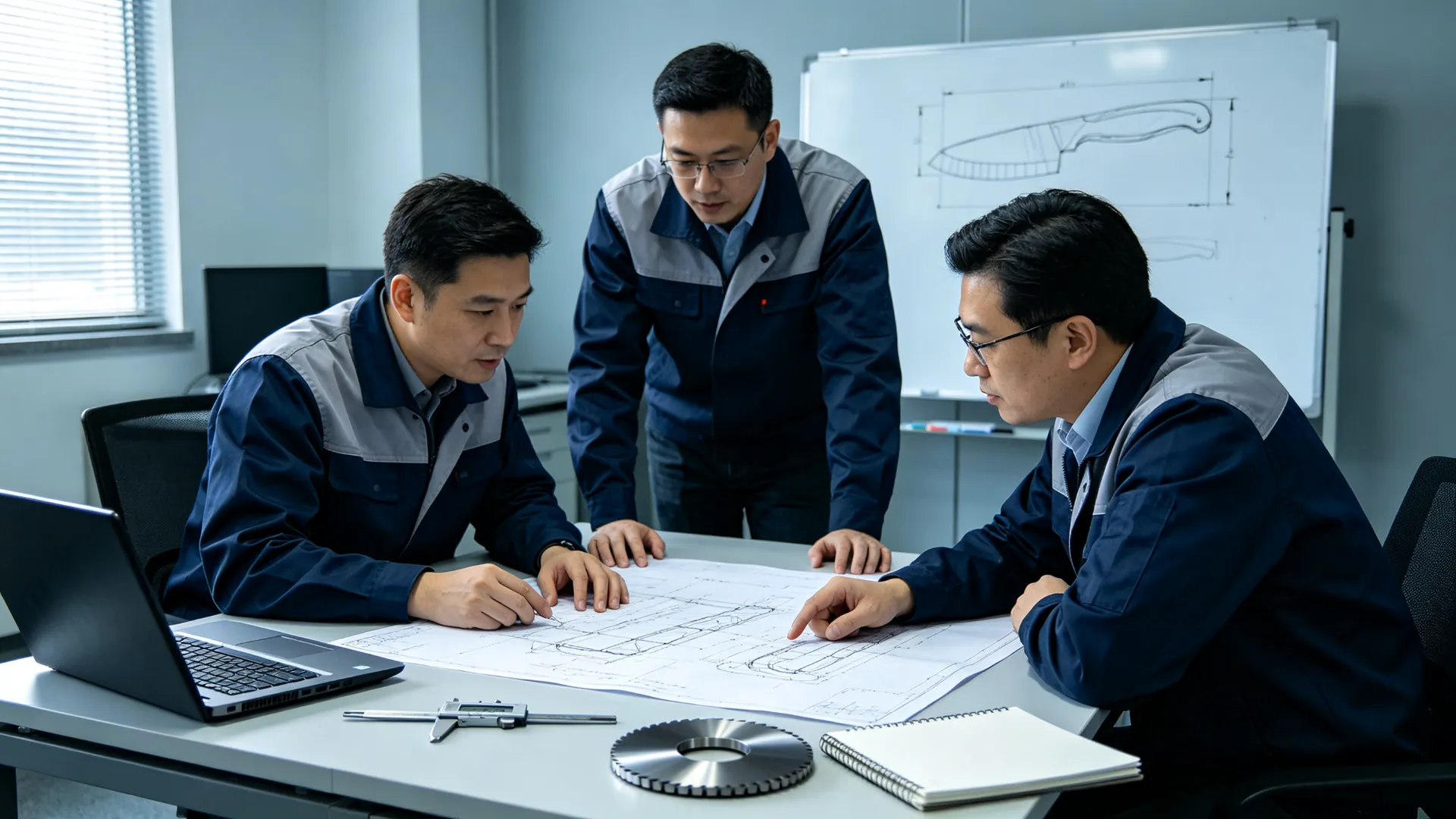 Industrial Knives engineering team reviewing a customer drawing